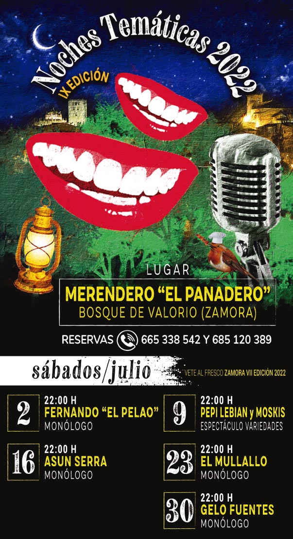 Cartel promocional de las noches temáticas se muestran dos bocas sonrientes y un microfono sobre una noche estrellada